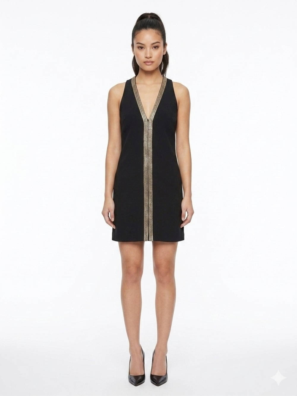 Lush Black Sleeveless V-Neck Mini Dress with Gold Center Trim S